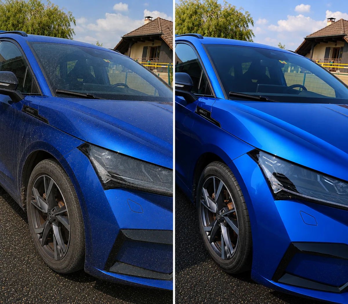 Avant après nettoyage extérieur d'une Skoda bleue par Léman Auto Clean